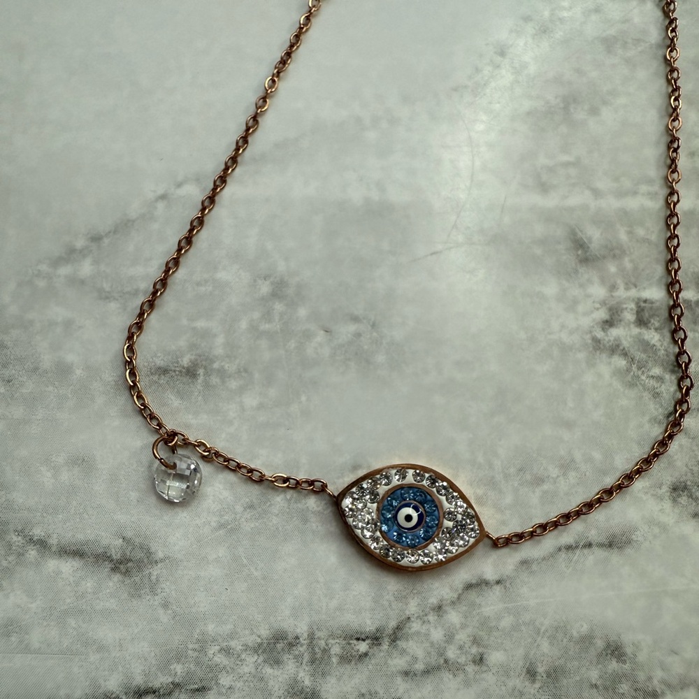 Stainless Steel Evil Eye Rose Gold Tone Charm Bracelet 7.25 Inch NIB - Picture 2 of 4